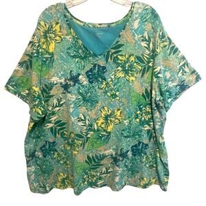 Catherines Hawaiian V-Neck Tee Womens SIze 2X Green Turquoise Cotton Aloha Top